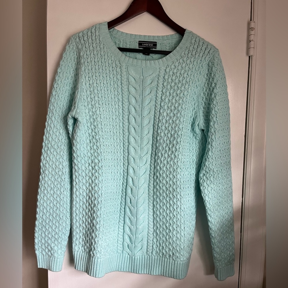 Lands’ End Cotton Cable Knit Sweater - Bright Mint - Medium Tall